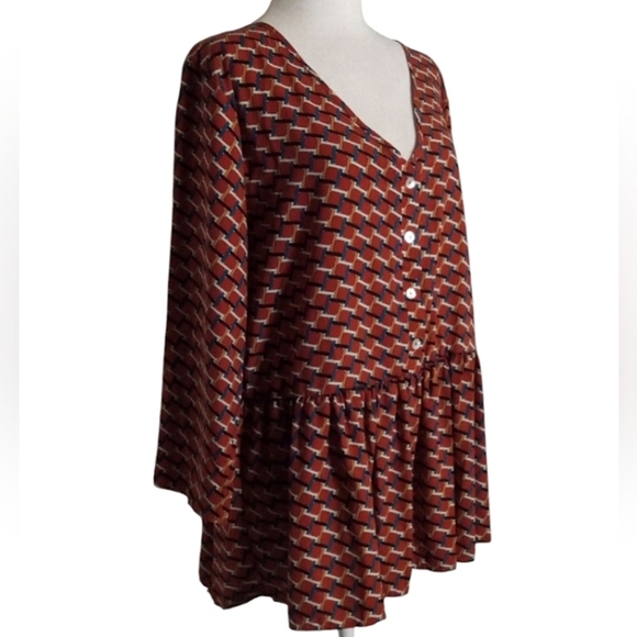 Entro Multicolor Geometric Print Peplum Blouse Long Sleeve Button Front Large - Picture 4 of 9